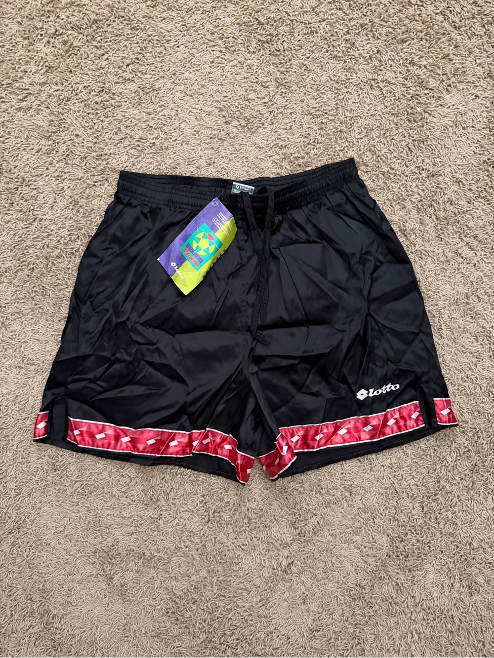 NEW Vintage 90s Lotto Italiano Soccer Football Nylon Shorts Black Red Sz Large